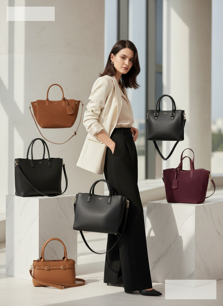 Elegant Woman with Handbags Collection